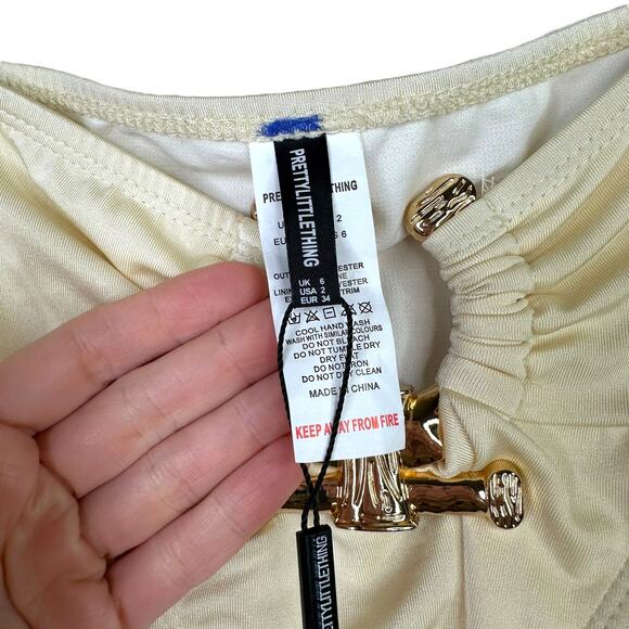 PrettyLittleThing Cream Hammered Trim Bandeau & High Waist Bikini 2-Piece Set - Picture 12 of 13